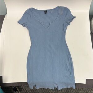 Light Blue Ribbed Short Sleeve Dress